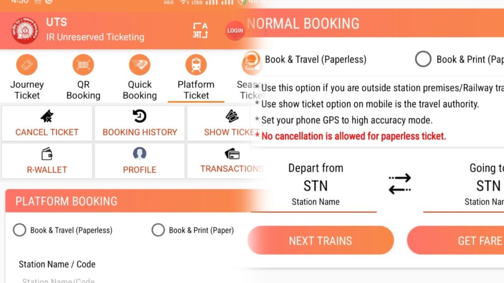 Screenshot of the Indian Railways UTS App showing the process of booking unreserved train tickets on a mobile device.