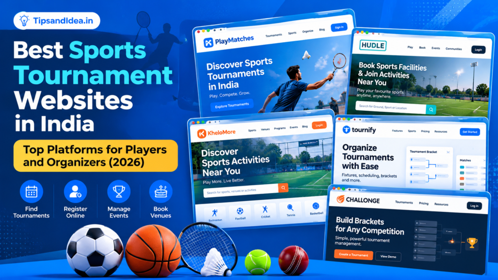 Best sports tournament websites in India featuring PlayMatches, Hudle, KheloMore, Tournify, and Challonge